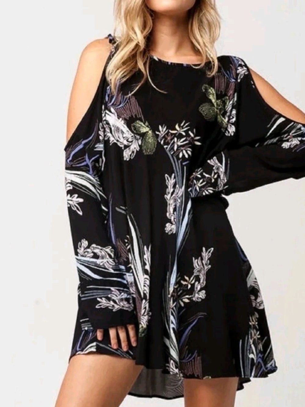 Free People Black Floral Cold-Shoulder Mini Dress